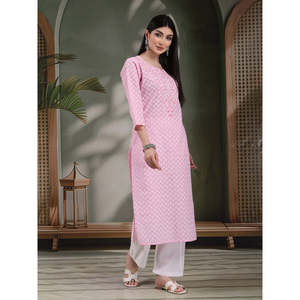 Kurta Recta con Estampado Floral para Mujer, Cuello en V, Algodón Puro con Decoración de Encaje, Producto de Primavera/Verano, Tallas Disponibles XL 4XL - Product Image 5