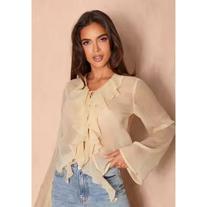 New Promotion Hot Style Autumn Fashion Women'S Shirt Beige <b>Chiffon</b> Ruffle Front Shirt Summer Long Sleeves Plunge Neckline <b>Dress</b> - Product Image 5