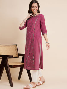 Meilleure Qualité Dernière Conception Broderie Col V Trois Quarts Manches Kurti Avec Pantalon Ensembles Élégant Indien Festif Kurti Ensembles En Vrac - Product Image 3