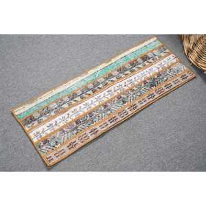 1.1x3.1 ft Vintage Turkish <b>Wool</b> Rug Eco Friendly <b>Brown</b> Patchwork with Latex Backing Traditional Home Dining Room Rug - Product Image 2