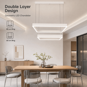 Modern Iron LED Double Layer Rectangular <b>Ring</b> Chandelier With Remote Control For Dining Room Entryway And Foyer - Product Image 4
