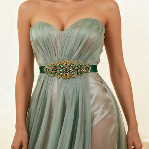 Ceinture de mariée vintage en strass vert et perles, faite à la main, ajustable, pour mariage, bals de fin d'année, événements formels, ceinture de soirée, robe longue - Product Image 2