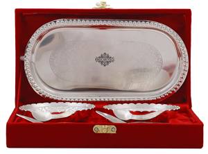 IndianArtVilla Argent Plaqué Or Poli Design Gaufré Ensemble de 2 Bol avec Cuillères et Plateau Maison Hôtel & Restaurant Utilisation - Product Image 3