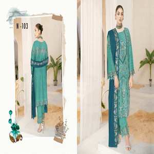 Ramsha Volume NAYAB porte Original de marque pakistanaise 3 pièces en mousseline de soie non cousue Salwar Kameez lourd brodé multi indien - Product Image 5