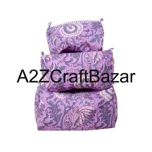 Handmade Cozy Eco-Friendly For Pouch Set for Women Indian Hand Block Printed Traveling Makeup Pouches Cotton <b>Quilted</b> Zipper - Product Image 1