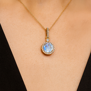 Colgante de piedra lunar arcoíris Natural, colgante de diamante de oro macizo de 14K, collar con colgante de solitario de piedras preciosas redondas de 8mm, venta al por mayor - Product Image 2
