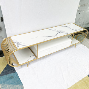Modern Two-tier TV Stand with Stone Top and Bronze Frame KTV68082 for Living Room or Farmhouse TV <b>Table</b> with Drawer Storage - Product Image 4