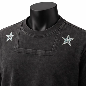 Camiseta de punto oversize para hombre, manga corta, cuello redondo, algodón lavado, color liso, logo de estrella frontal, ecológica - Product Image 6