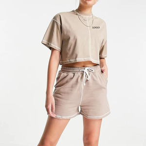 Haut court et short de jogging en coton d'été pour femmes ensemble motif solide coupe décontractée pour salon ou extérieur étiquette personnalisée - Product Image 1