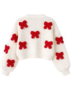 Customized White Knitted <b>Cropped</b> <b>Cardigan</b> Sweater With Red Bow Applique <b>Women</b> Winter Button Front Soft Warm Fashion Top OEM - Product Image 5