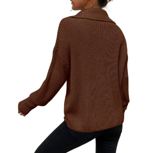 Jersey de punto acanalado de moda para mujer, suéter de cuello con cremallera de Color sólido, cuello levantado de estilo informal, tejido plano para la temporada de invierno - Product Image 2