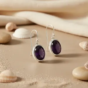 Boucles d'oreilles vintage en argent 925 avec améthyste pour femmes, boucles d'oreilles créoles tendance plaquées or 14K 18K, pierre précieuse en forme de cœur - Product Image 1