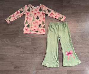 Ensemble de pyjamas pour filles en spandex/polyester écologique pour Noël, sans manches, imprimé nœud rose et sapin, pantalon vert confortable à bas évasé - Product Image 6