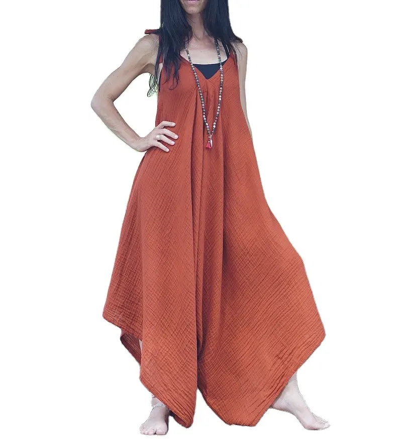 100% Linen Sleeveless V-Neck Backless Loose Fitted Jumpsuit With Pocket For Women