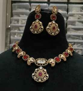 Matt <b>Gold</b> Plated Designer Polki Necklace <b>Set</b> with <b>Earrings</b> Bridal Jewelry for Wedding & Party Celebration - Product Image 1