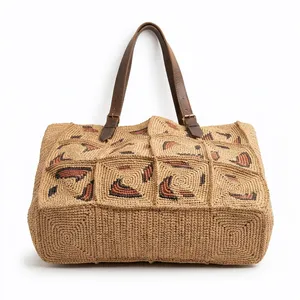 Sac cabas bohème en raphia avec motif géométrique, sac en toile pour femme, idéal pour les courses estivales - Product Image 3