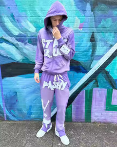 Embroidery <b>Applique</b> Distressed Zip up Acid Wash Sweatpants and Hoodies Sets Flared Tracksuits for Men - Product Image 2