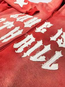 100% algodón ropa de calle personalizada lavado con ácido desgastado bordado con capucha 2025 parche apliques peso pesado sudor traje de los hombres - Product Image 4