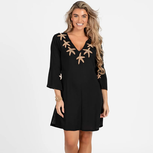 2024 Classic Collection Sexy Black Rayon Long Sleeve Deep V Neck Tunic <b>Tops</b> Women Hand Beaded Work Printed Beach Cover Party - Product Image 1