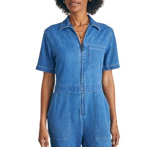 Mono de Mezclilla para Mujer, Manga Corta, Cierre Frontal, Corte Holgado, Estilo Utilitario, Uso Diario Informal, Diseño de Tela Cómoda y Duradera - Product Image 2