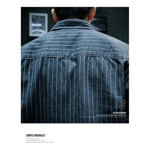 Chemise à manches longues à rayures en denim du printemps pour hommes Veste ample décontractée Veste style moto - Product Image 5