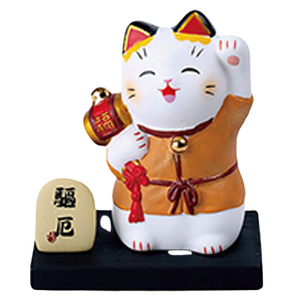 Figurine japonaise traditionnelle en céramique, chat porte-bonheur au kimono, chat qui fait la main. - Product Image 1