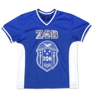 ZPB Football Jersey - <b>Royal</b> <b>Blue</b> 100% Polyester Zeta Phi Beta Jersey with Embroidered Logos & Shield V-Neck, Striped Sleeves - Product Image 1