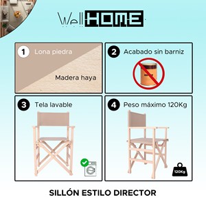 Sedia da Regista WELL HOME in Tela Grigio Pietra 51x46x86 cm, Legno di Faggio con Finitura Non Verniciata - Product Image 2