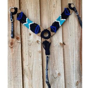 Nouvel arrivage : Ensemble de harnais pour cheval en cuir style western et anglais, couleur bleu framboise, avec têtière et collier de poitrail à franges - Product Image 3