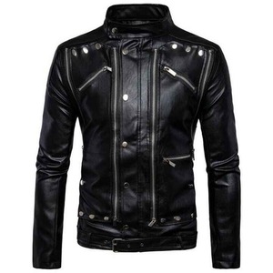 Chaqueta de Cuero Genuino Negra para Hombre, Estilo Ajustado con Bolsillos con Cremallera, Detalles Tachonados y Cintura con Cinturón - Product Image 1