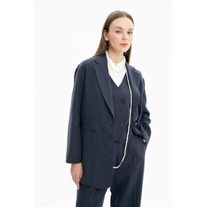 Veste en lin bleu marine coupe décontractée pour le printemps - Product Image 1