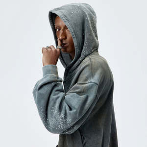 เสื้อฮู้ดดี้ทรงบ็อกซี่สำหรับผู้ชาย แบรนด์ OEM สตรีทแวร์ ผ้าเฟรนช์เทอร์รี่ 500 กรัม 100% ผ้าฝ้าย ปักลายตามสั่ง ประดับคริสตัล ล้างสีแบบแอซิดวอช ซิปหน้า สำหรับฤดูใบไม้ร่วง - Product Image 5