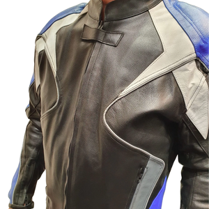 Men's Racing Black/White/Blue Genuine Cowhide Leather Motorbike Jacket With Protections Motorcycle Road Riding Jacket For Men - Product Image 3