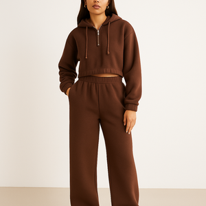 Conjunto de lujo para mujer, Top corto con capucha de lana y pantalones de chándal, traje de lana cálido, ropa de calle de etiqueta privada - Product Image 1