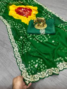 Sari en Georgette pur avec imprimé Bandhani Jodhpur, magnifique travail de Pita dans la séquence C~Pallu, travail de Butti sur la bordure du sari - Product Image 3