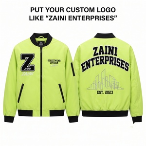 Blouson d'hiver unisexe coupe-vent en polyester 100% premium 125 GSM, vert fluo, noir, bordure côtelée, fermeture éclair, applique en chenille - Product Image 1