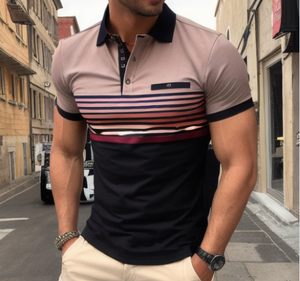 Camiseta Polo Casual de Verano 2025 para Hombre, Corte Ajustado, de Alta Calidad, con Rayas de Colores Combinados y Diseño de Botones en el Pecho - Product Image 1