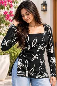 Robe longue à manches longues et col carré pour femme, imprimé floral noir, en polyester et rayonne tissée, style décontracté et ethnique, Kurti court pour femme - Product Image 3