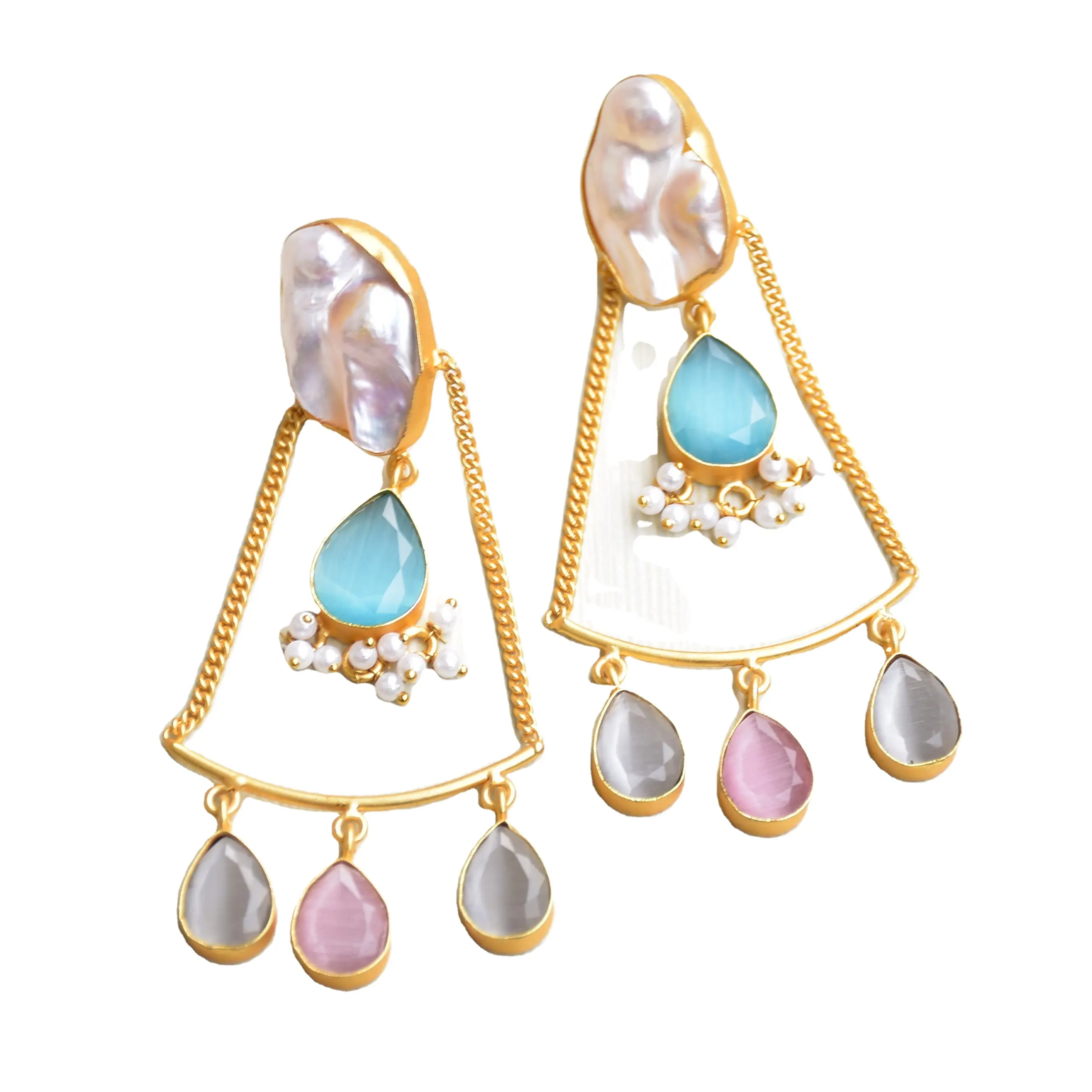 Chain drop gemstone earrings Unique jewelry Natural stone drop earrings Gold Plated Fine Fashion jewelry 2023 Models for Woman