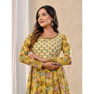 Vestido Anarkali de Algodón Estampado Amarillo Jaal, Transpirable, Estilo Hippie, Talla Única, Largo hasta la Rodilla, para Bodas y Fiestas Diurnas - Product Image 1