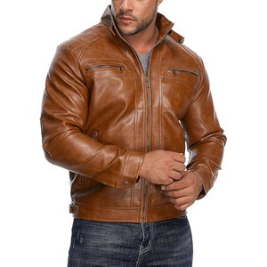 Chaqueta de cuero para motocicleta, abrigo con bolsillos con cremallera, chaqueta de cuero con cuello levantado para hombre, chaqueta informal de imitación - Product Image 1