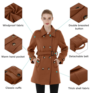 Abrigo largo de lana para mujer, estilo gabardina, doble botonadura, cortavientos, cuello clásico, corte ajustado con cinturón - Product Image 2