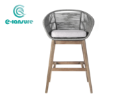 Chaise de bar minimaliste moderne pour l'extérieur, hauteur comptoir, base en teck et corde tressée, pour villa, cour, hôtel, jardin, complexe hôtelier
