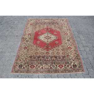 พรมวินเทจขนาด 4.3x6 ฟุต, พรม, พรมลายปะติดสีแดงทำจากขนสัตว์ - Product Image 1