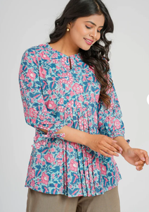 Modern Cotton Blue Women's Kurti Short Top Front Pleated <b>Detailing</b> Summer Block Print Design <b>Quick</b> Dry Sun Protection Regular - Product Image 3