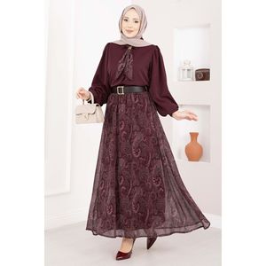 Conjunto Formal Otoñal para Mujer, Camisa de Manga Larga con Estampado Borgoña y Falda de Gasa con Cinturón - Product Image 4