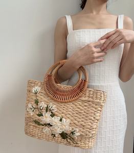 Elegant Natural Water Hyacinth Handcrafted Fashionable <b>Handbag</b> Wooden Handle Two Straps Flowers Eco-Friendly Open Design for - Product Image 3