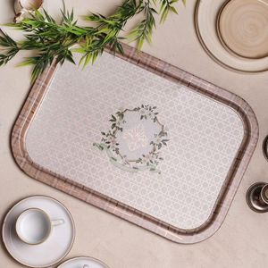 Plateau de service rectangulaire antique en métal rose de 285x400mm avec motif ovale décoratif pour servir des aliments - Product Image 3