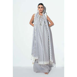 Conjunto de traje de 3 piezas sin coser de tela Schiffli color gris para mujer - Product Image 6