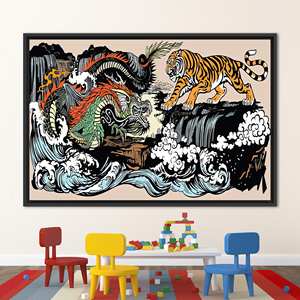 Toile imprimée avec motifs d'art japonais élégants Dragon vs Tigre, 1P : encadrée en noir - Product Image 1
